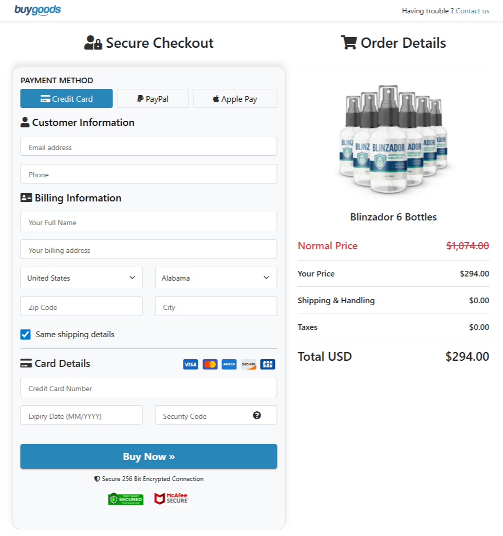 Blinzador order page